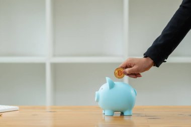 Genç bir iş adamı ve yatırımcı elinde şifreli para tutarak kumbaralara koyuyor. Şifreleme para birimlerinin değerini artırmak için kripto para toplama fikri.