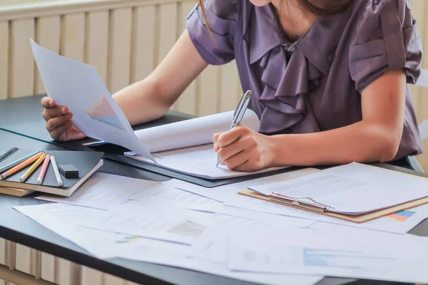 Accountant Examining Large Amount Income Expense Documents Laying Desks Offices — ストック写真