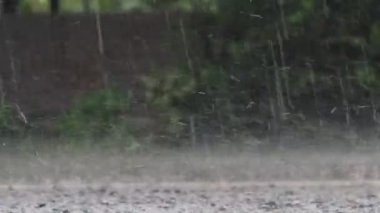 Video şifrelenmiş. Yağmur mevsiminde sağanak yağış kaldırım yüzeyinde sele neden oluyor. Yol yüzeyindeki su damlaları mevsimlik yağmurlardır..