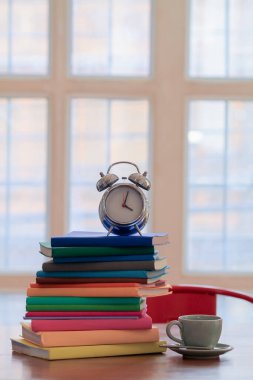 Öğrencilerin final sınavına girmeden önce öğrenmeleri ve anlamaları için birçok renkli ders kitapları çalışma odasındaki masaya yerleştirilir. öğrenme ve anlama kavramı