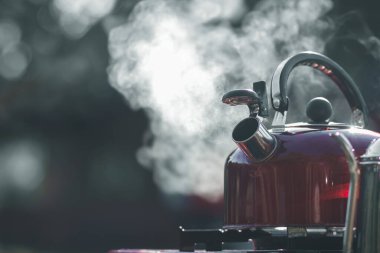 Su ısıtıcısının buharı, su ısıtıcısını gaz sobasına koyduktan sonra birlikte kamp yapan arkadaşlara damlayan kahve için su kaynatmak için çıkıyor çünkü su ısıtıcısı taşınabilir.