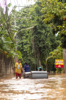 Chiang Mai Thai 3 Ekim 2022 Şiddetli yağmur mevsiminde taşan nehir kıyılarından çekilen sel kurbanlarının resimleri ve yetkililerin yardımları
