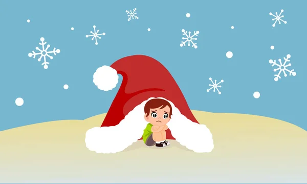 Petit Garçon Assis Seul Dans Grand Chapeau Père Noël Abri Vecteurs De Stock Libres De Droits
