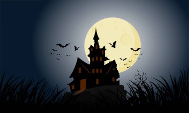 Cadılar Bayramı dolunayında korkunç bir karanlık kale. Drakula 'nın kalesinin etrafında uçan yarasa sürüleri dağların üzerinde yükseliyor..