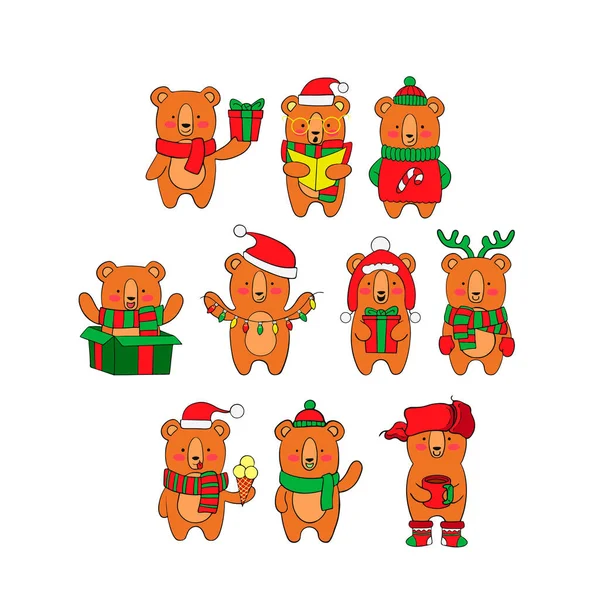Uppsättning julbjörn isolerad på en vit bakgrund. Vektor illustration av en tecknad karaktär i platt stil för dekorationer, inbjudningar och gratulationskort för jul och nyår. — Stock vektor