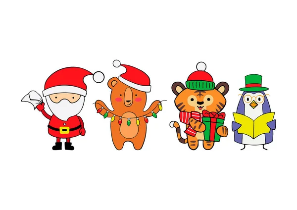 Kollektion av söta klistermärken i julstil. Vektor illustration av tecknad karaktär i platt stil för dekorationer, inbjudningar och gratulationskort för jul och nyår. — Stock vektor