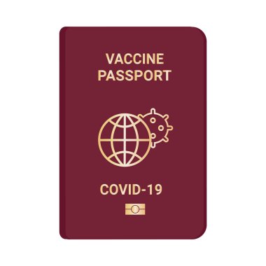 Aşı pasaportu. Dokunulmazlık ve aşı damgalı kırmızı pasaport. Üstü çizilmiş virüs