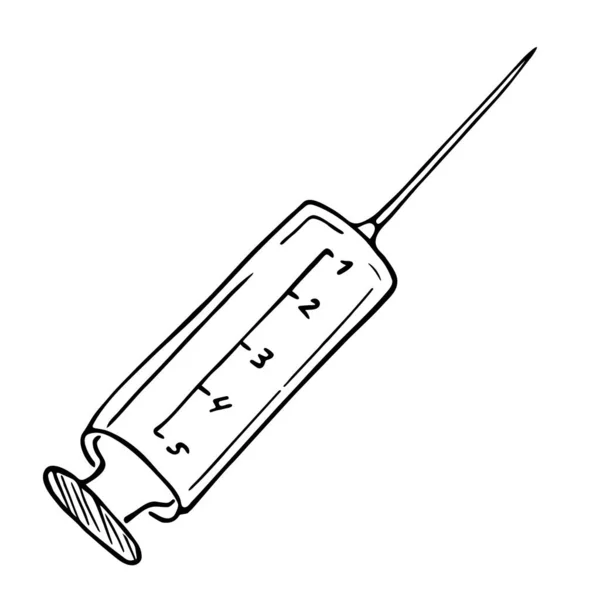 Seringa desenhada à mão em estilo doodle. Desenho de contorno preto sobre um tema médico. Seringa preta e branca — Vetor de Stock