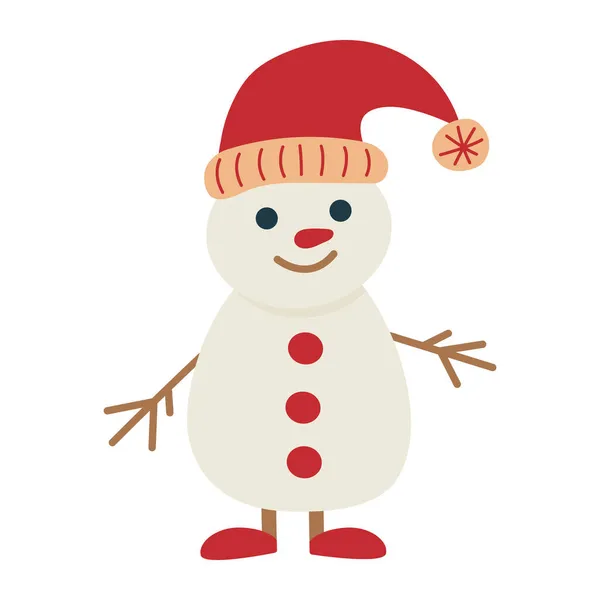 Muñeco de nieve de dibujos animados en una gorra roja, con botones y zapatos. Diseño de elementos de invierno — Archivo Imágenes Vectoriales