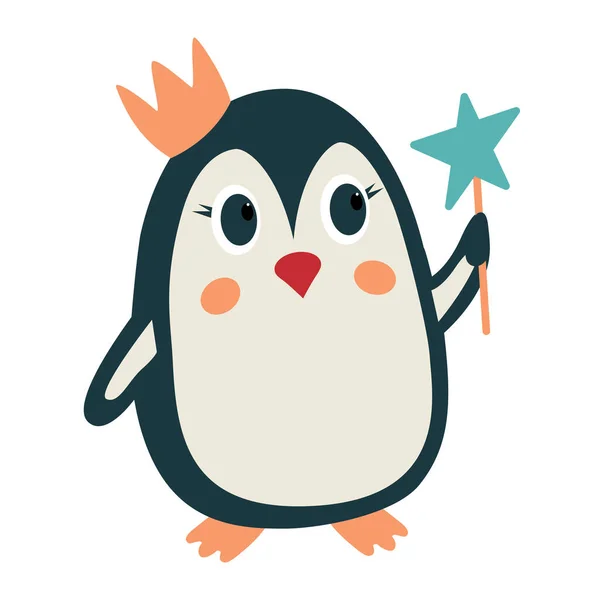 Pinguin-Prinzessin mit Krone und Stern auf einem Stock. Magische Weihnachtspinguin-Figur — Stockvektor