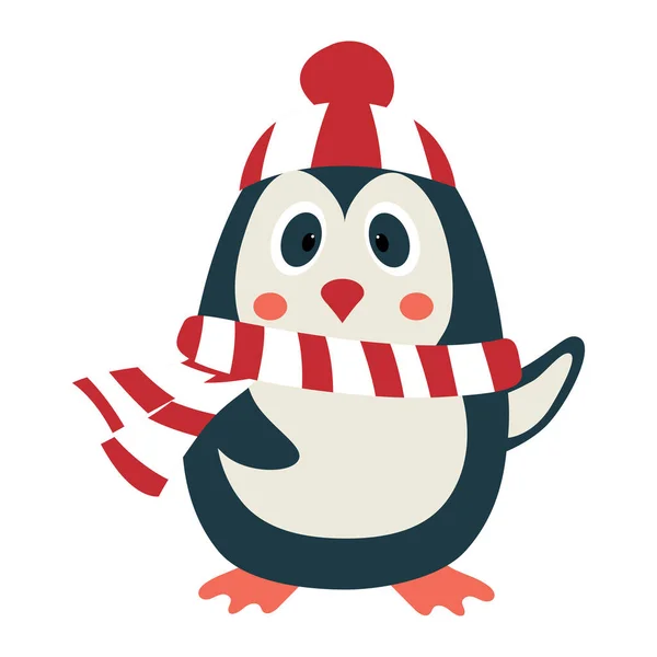 Pingüino de dibujos animados en una bufanda y sombrero con un balabón con un ala levantada. Personajes para el invierno, diseño de Navidad — Archivo Imágenes Vectoriales