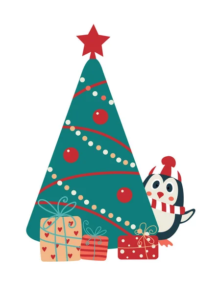 Зимняя поздравительная открытка с елкой, подарками и пингвином в шляпе и шарфе, машущим крылом. Персонаж мультфильма — стоковый вектор