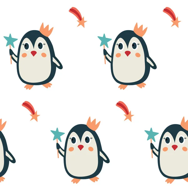 Princesse pingouin avec baguette magique et couronne, étoiles filantes motif de vacances sans couture — Image vectorielle