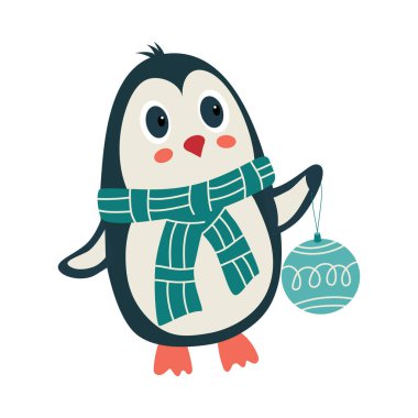 Eşarplı bir penguen ve kanatlı bir Noel topu. Noel ve Yeni Yıl vektör illüstrasyonu. Çizgi film karakteri