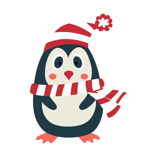 Pinguino del fumetto che indossa una sciarpa a righe e berretto a maglia — Vettoriale Stock