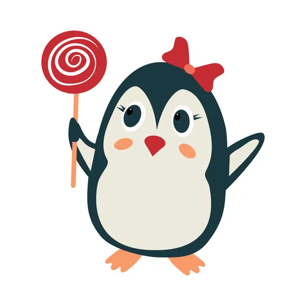 Dessin animé fille pingouin avec des bonbons. Illustration vectorielle dessinée main — Image vectorielle