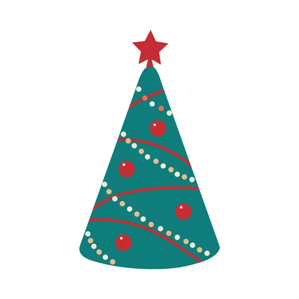 Рождественская елка украшена мячами и звездой в мультяшном стиле для открыток, баннеров, плакатов — стоковый вектор