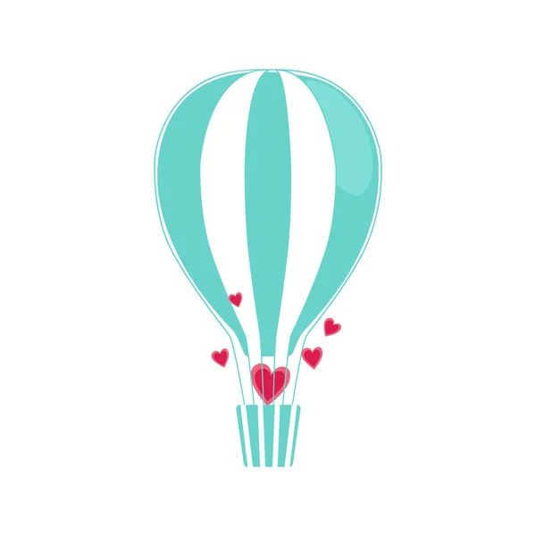 Ανοιχτό μπλε αερόστατο θερμού αέρα με ρίγες και καρδιές μύγας. Σχέδιο Αγίου Βαλεντίνου. Αγάπη αεροστάτη, γάμος, μεταφορά τέχνης κλιπ — Διανυσματικό Αρχείο
