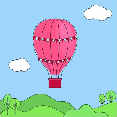 Tepelerin ve ağaçların üzerindeki bulutların arasında gökyüzünde uçuşan bayraklı pembe aerostat. Çizgi film havadan balonlu kart