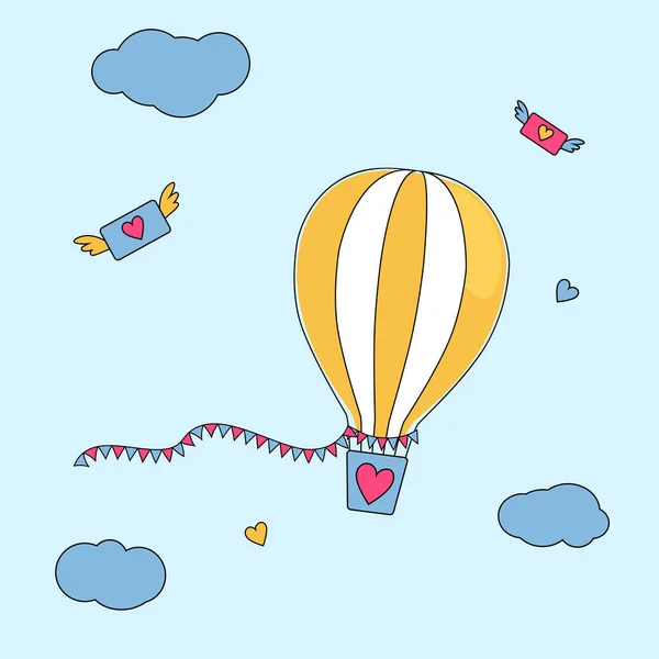 Yellow striped hot air balloon with a heart on a basket and love letters around. Love winged message in the sky. Happy Valentine day — Stock Vector