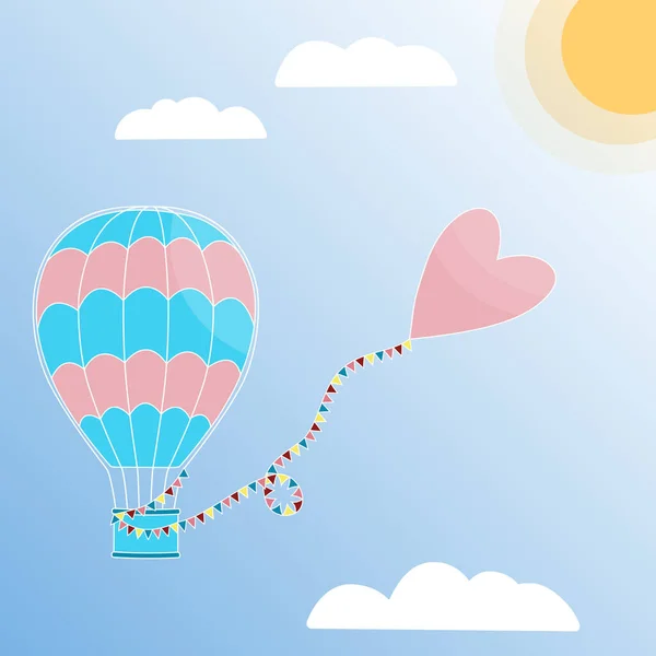 Aerostato con un corazón en una cuerda con banderas volando hacia el sol. Globo de aire caliente en el cielo soleado — Vector de stock