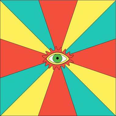 Ayrı düşen ışık huzmelerinin merkezinde açık bir göz. Gözlü, çok renkli güneş ışınlarının soyut deseni. Koruma konsepti, tılsım, her şeyi bilmenin gözü.