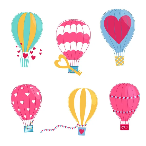 Un ensemble d'aérostat pour la Saint-Valentin. Des montgolfières avec des cœurs, des drapeaux et des clés. Éléments de conception pour le 14 février — Image vectorielle