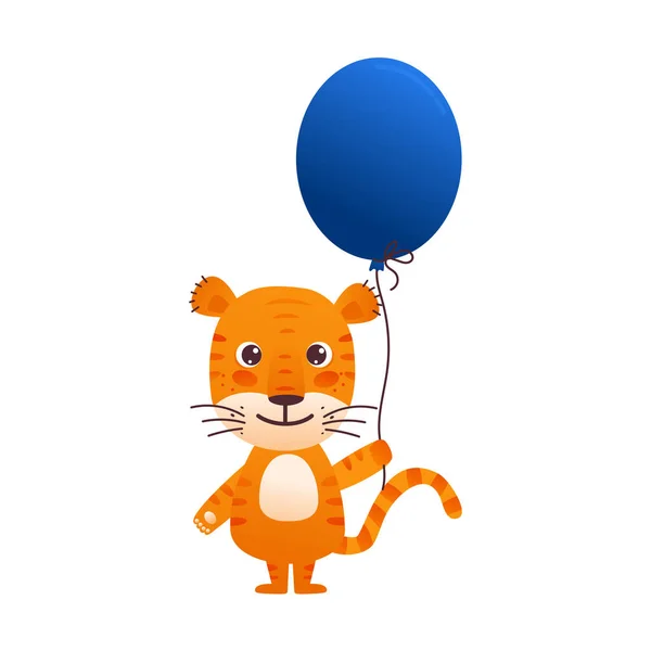 Roztomilý kreslený tygr s balónem v tlapkách. Design přání k narozeninám, náčrtků, plakátů na uvítanou, triček. šálky, zápisníky — Stockový vektor