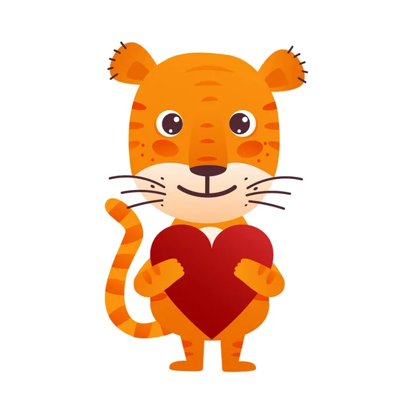 Roztomilý kreslený tygr se srdcem v rukou. Tisk pro dětská trička, pohlednice, plakáty. Design na Valentýna — Stockový vektor