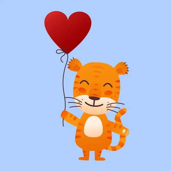 Roztomilý usmívající se tygr s balónovým srdcem v rukou. Design na Valentýna, tisk pro trička, blahopřání, plakáty, poháry, hrnky, notebook — Stockový vektor
