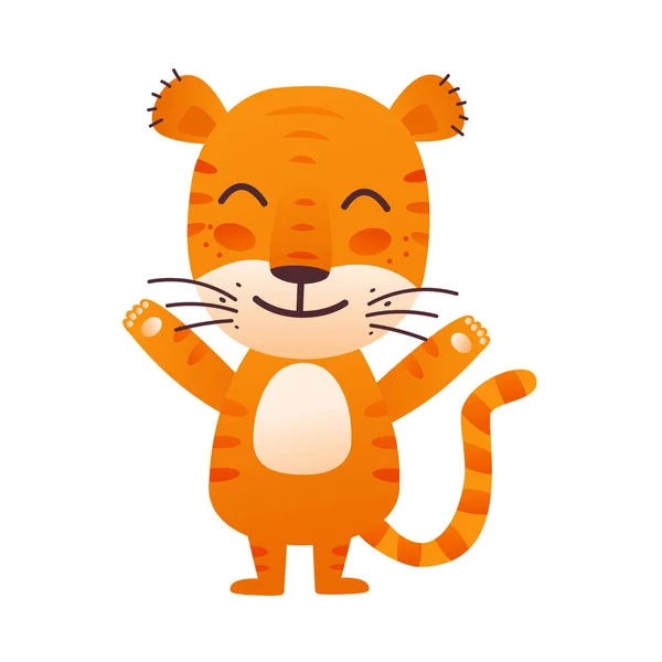 Šťastný usměvavý tygr se zavřenýma očima zvedl tlapky na pozdrav. Symbol orientálního nového roku2022. Potisky na poháry, plakáty, kalendáře, obaly, notebooky, trička — Stockový vektor