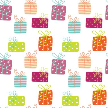 Colorful seamless pattern with gift boxes, hearts, circles and stripes. Holiday pattern for Birthday, Valentines Day