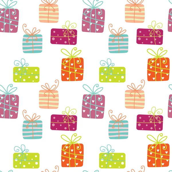 Colorful seamless pattern with gift boxes, hearts, circles and stripes. Holiday pattern for Birthday, Valentines Day — Stockový vektor