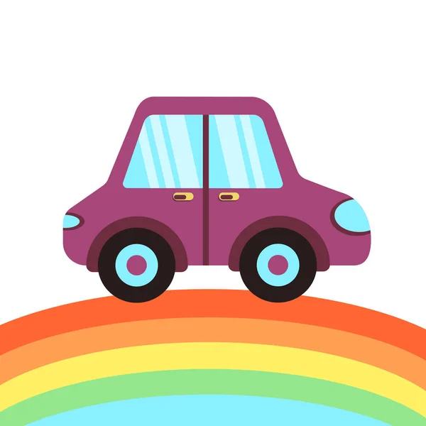 Детский мультяшный автомобиль едет по радуге. Плакаты, открытки, спальня, футболки, декор детской комнаты. — стоковый вектор