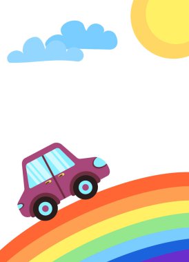 Araba gökkuşağından yukarı çıkıyor. Çocuk yuvası, posterler, kartlar için karikatür çizimi