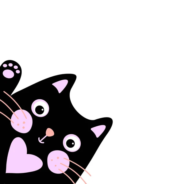 漫画の黒猫のシルエットは、隅の周りを覗いている。頬には赤面、胸にはピンク色のハートのかわいい猫が手を振っています。コピースペース付きグリーティングカード、ポスター — ストックベクタ