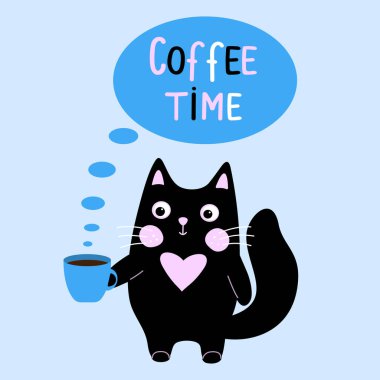 El yazısıyla yazılmış bir kahve saati çizimi. Bir kupa kahveyle sevimli bir kawaii siyah kedisi.