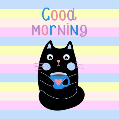 Pençelerinde kahve fincanı olan siyah sevimli bir kedi. El yazısı metin ve pastel çizgili arka planı olan günaydın kartı.