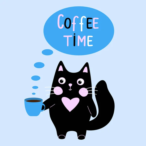 Illustration zur Kaffeezeit mit handgeschriebenem Text. Niedliche schwarze Kawaii-Katze mit Kaffeebecher — Stockvektor