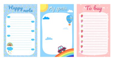 Gündem, hedefler, notlar, planlamacılar, liste satın almak ve el çizimi gökkuşağı, araba, çilek ile liste yapmak. Zamanlama, planlayıcılar, kontrol listeleri, not defterleri, notlar ve kartlar için şablon