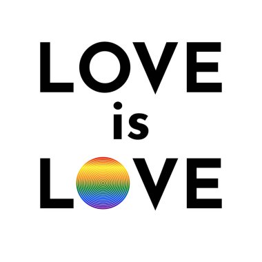 Aşk gökkuşağı gradyan dairesi olan bir aşk tipografisi metnidir. Gey geçit töreni sloganı. LGBT hakları sembolü. Vektör illüstrasyonu