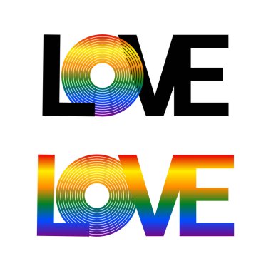 Beyaz zemin üzerinde siyah ve gradyan LGBT tipografik metni seviyorum. Gökkuşağı yazı şablonu afişler, posterler, sosyal medya, el ilanları için. Vektör illüstrasyonu