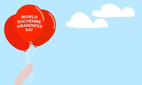 Παγκόσμια Ημέρα Ευαισθητοποίησης Ντουσέν Banner Ένα Κόκκινο Μπαλόνια Στο Χέρι — Διανυσματικό Αρχείο