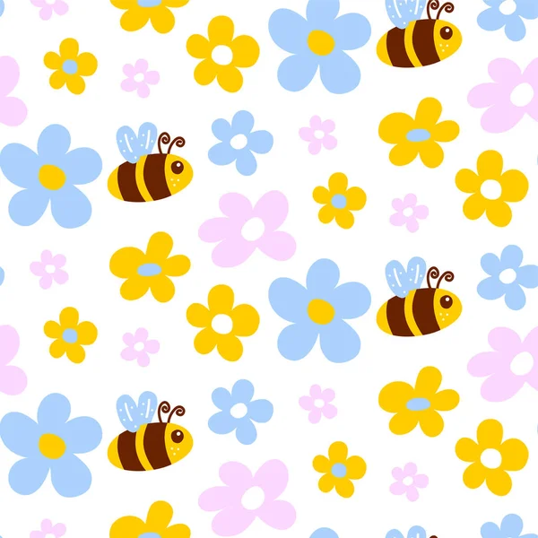 Fliegende Bienen Und Blumen Nahtloses Muster Für Die Gestaltung Von — Stockvektor
