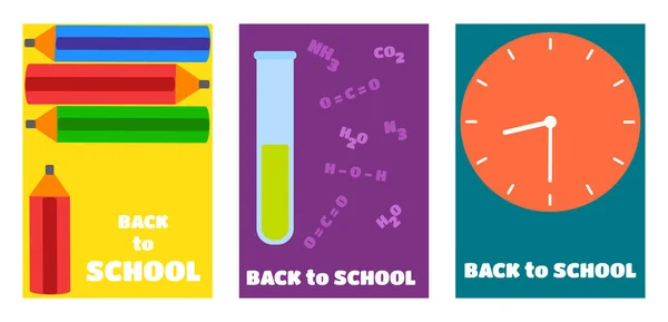 Back School Pencils Test Tube Reagent Chemical Formulas Clock Beginning — Vector de stock