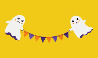 Flying ghosts hold holiday flags. Yellow Halloween banner with bunting flags and spirits. Vector illustration