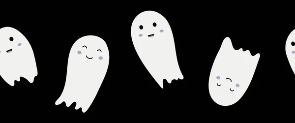 Cute Ghosts Black Background Halloween Seamless Horizontal Border Spirits Vector — Image vectorielle