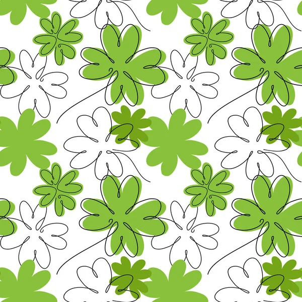 Clover Four Leaf Seamless Pattern One Continuous Line Drawn Lucky — Wektor stockowy