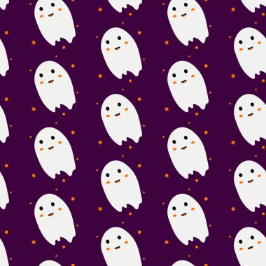 Halloween seamless pattern with cute cartoon ghosts and stars. Purple background with spirits. Vector illustration