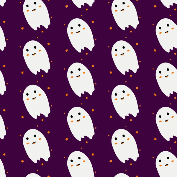 Halloween Seamless Pattern Cute Cartoon Ghosts Stars Purple Background Spirits — Stockový vektor